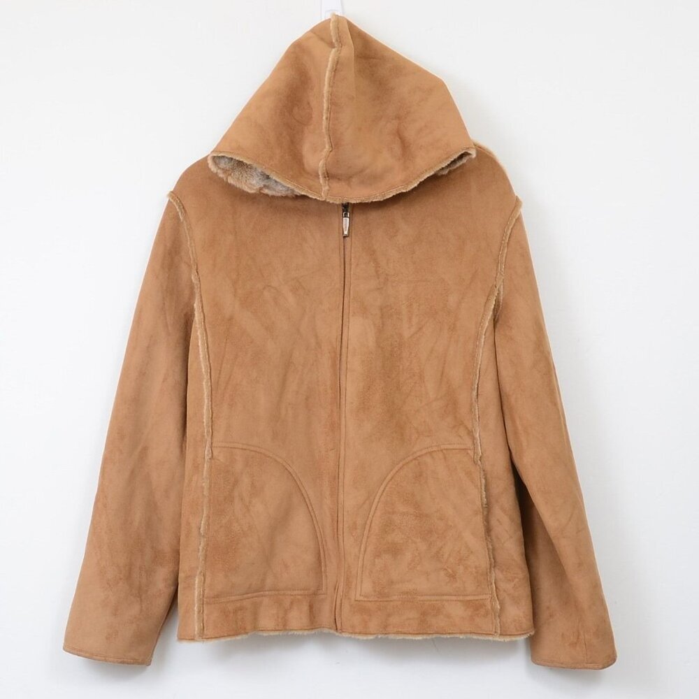 Aeros Coat Brown Faux Suede Fur Hood Women's Parket Jacket Coat Winter Size LG